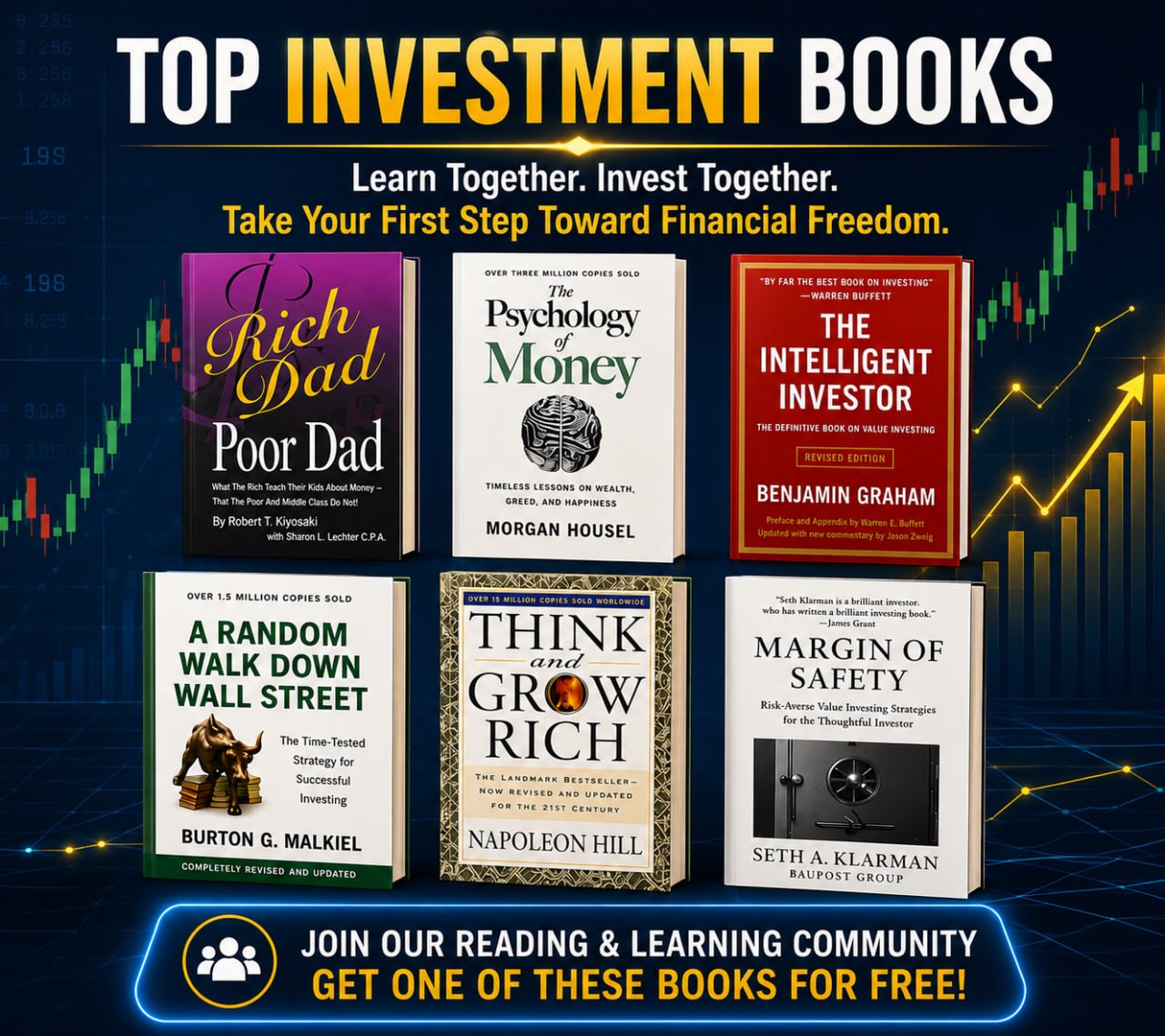 Featured books: Rich Dad Poor Dad, The Psychology of Money, The Intelligent Investor, A Random Walk Down Wall Street, Think and Grow Rich, and Margin of Safety.